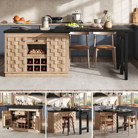 Isola cucina girevole a 360° con mobile laterale, 120–197 cm, con ante a patchwork, portabottiglie removibile e cassetti, 2 colori (rovere chiaro / nero) (1/5)
