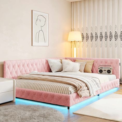Cama doble 140x200 cm – Rosa – Diseño en forma de L – Iluminación LED RGB ajustable – Puerto USB – Tejido de felpa – Estructura de madera con lamas