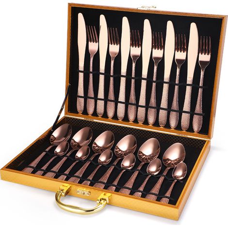 (Ensemble de 24 pièces - or rose) Ensemble de couverts en acier inoxydable (couteau, fourchette, cuillère, cuillère à café)