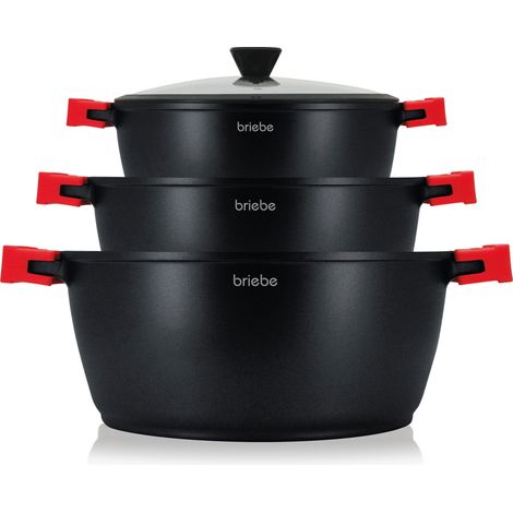 Briebe BLACKT3 Batterie de Cuisine Induction 6 Pièces Aluminium Fonte 3 Casseroles 3 Couvercles Noir (1/5)
