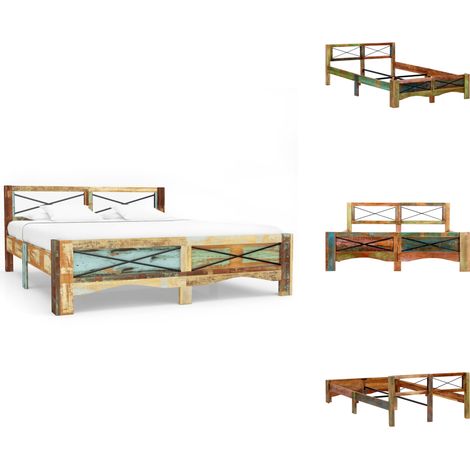Cadre de lit Bois de récupération massif 140 x 200 cm - Cadre De Lit - Lit En Bois - Lit Vintage - Meubles Rustiques - Mobilier Recyclé (1/5)