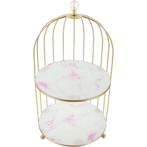 Étagère de rangement pour maquillage à double niveau, organisateur de bureau en forme de cage à oiseaux, base blanche et motif rose (1/5)