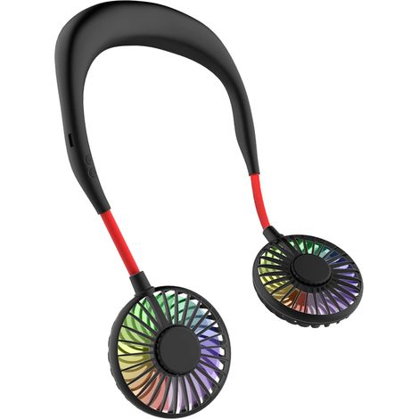 Mini ventilateur tour de cou portable, mains libres USB, rechargeable, ventilateur de bureau, ventilateur de collier avec double tête de vent, 3 vitesses, lumière LED pour voyage, sport, extérieur,
