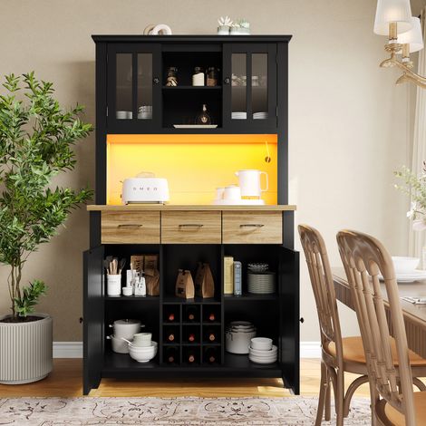 Küchenbuffet Hochschrank mit Regalen, 2 Türen, 1 Schublade, 6 Fächer und Weinregal für 9 Flaschen mit LED, Küche, 106 x 40 x 179.5 cm