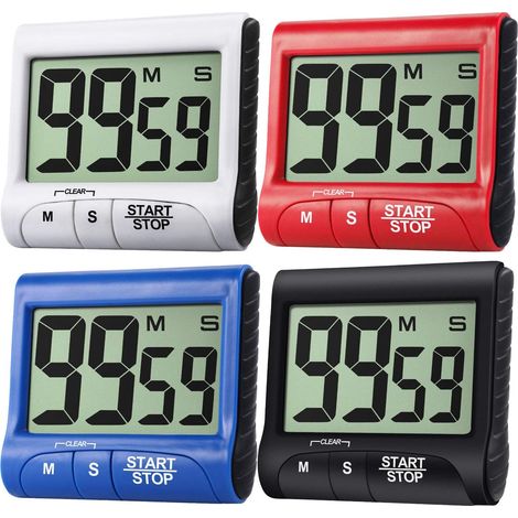 Lot de 4 minuteurs de cuisine numériques à grand écran avec alarme puissante - Noir, blanc, rouge, bleu (1/5)
