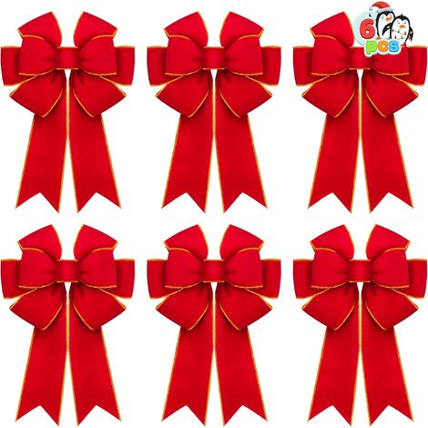 Lot de 6 nœuds en velours rouge de 35,6 x 30,5 cm pour couronne, arbre, boîtes cadeaux, décorations extérieures, sapin de Noël (1/5)