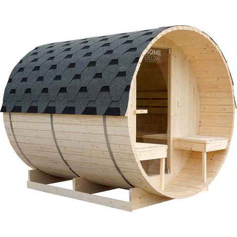 Home Deluxe – Sauna extérieur en tonneau LAHTI DELUXE L – 4 places – Dimensions : 189 x 191,5 x 220 cm – Poêle 8 kW inclus – Bois épicéa naturel