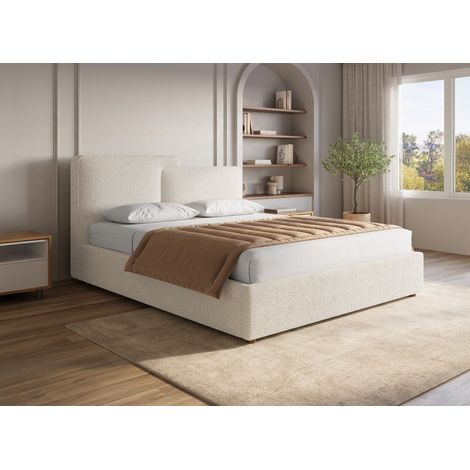 Deco In Paris – Lit coffre en tissu bouclette beige 140x190 cm – Rangement sous sommier – Tête de lit asymétrique – Design moderne et confortable (1/5)