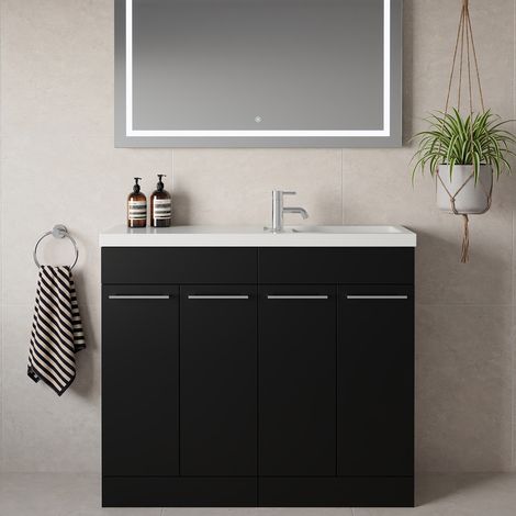 Napoli 250 Matt Black 1000mm 4 Door Vanity Unit with Square Silvo Basin - 1000mm - Chrome 160mm Handle