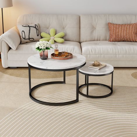 Ensemble 2 tables basses gigognes effet marbre blanc, design moderne, empilables et gain de place (1/5)
