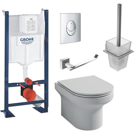 Pack inodoro suspendido Jacob Delafon sin brida Elite + estructura soporte Grohe RapidSL + placa cromada + accesorios cuadrados