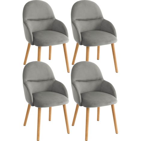 GOEURVANT - Set of 4 - Light Grey - Velvet - Ergonomic Dining Chairs with Sloped Arms, Sturdy Wood Legs & 150KG Load Capacity (1/5)