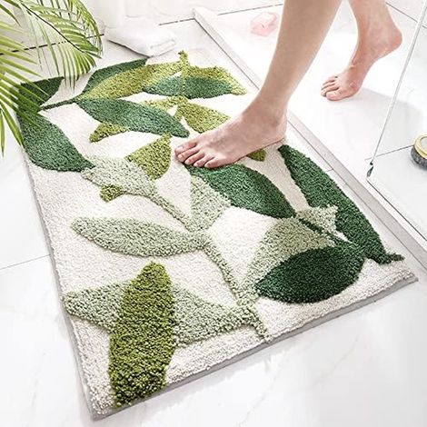Badmat antidérapant - Tapis de bain antidérapant - 50x80cm - tapis de salle de bain absorbant l'eau durable - lavable en machine - paillasson doux et confortable - feuilles vertes - Antidérapant - Pai (1/5)