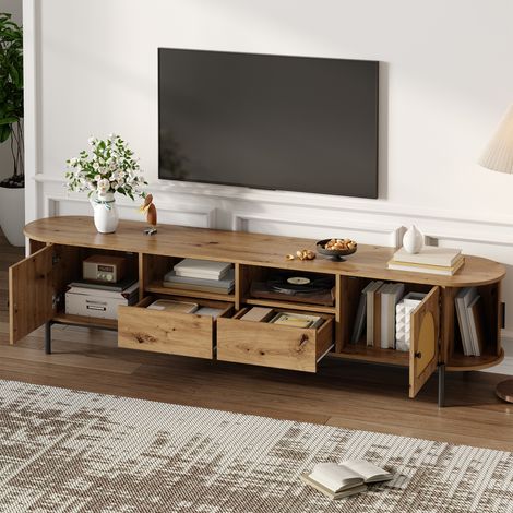 Meuble TV ovale avec rotin,portes coulissantes,portes et tiroirs,aspect bois,pieds métalliques,meuble multifonctionnel pour le salon avec rangement-DA