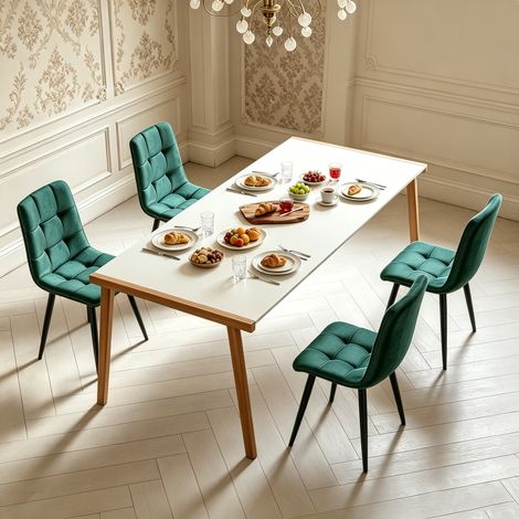 Lot de 4 chaises en velours vert - Chaise de salle à manger - Pieds en métal - Meuble moderne pour Cuisine/Salon