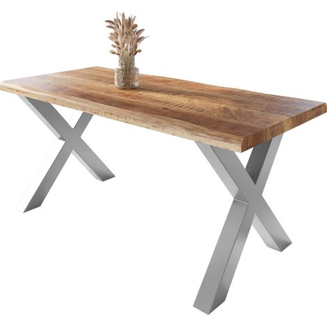 Esstisch Baumkante massiv Mango rough 200 x 100 X-Gestell silber ATLAS (1/5)
