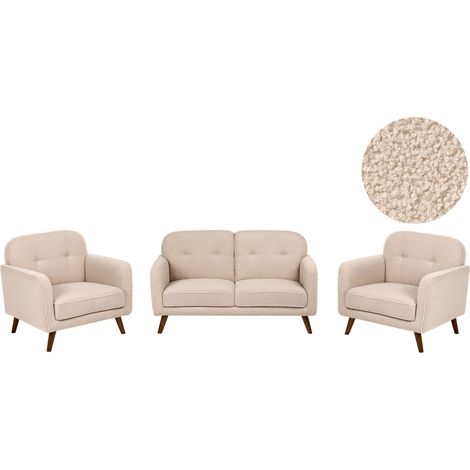 Living Room Set Beige Boucle Sofa with Armchairs 4 Seater Button Tufting Oak Wood Legs Loveseat Traditional Style ETTRUM (1/5)