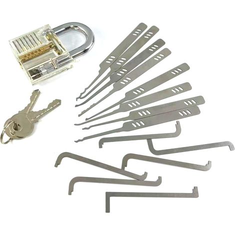 Lot de 14 outils de crochetage de serrure avec clé de tension, crochet unique de déverrouillage adapté aux noyaux de serrure européens (outil avec serrure) (1/5)