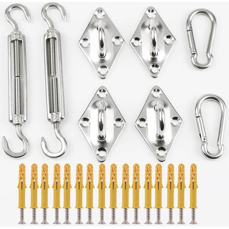 Kit de fijación para vela de sombra – Incluye pernos, ganchos, mosquetones y ojales – Acero inoxidable – Para velas triangulares, cuadradas y rectangulares (1/5)
