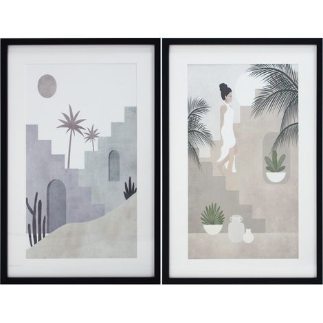 Conjunto de 2 láminas impresas y enmarcadas, diseño urbano en tonos suaves 60x40cm