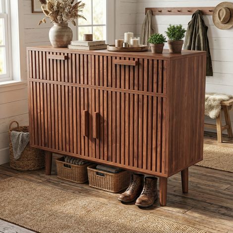Cassettiera 100, 2 ante e 2 cassetti, madia 100, cassettiera per camera da letto, design a doghe verticali, mobile contenitore per soggiorno/sala da pranzo, scandinavo(100×35×80cm, colore noce)