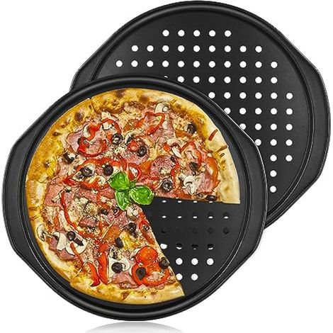 Lot de 2 plaques à pizza rondes perforées en acier carbone avec poignée, 35,6 cm, noir