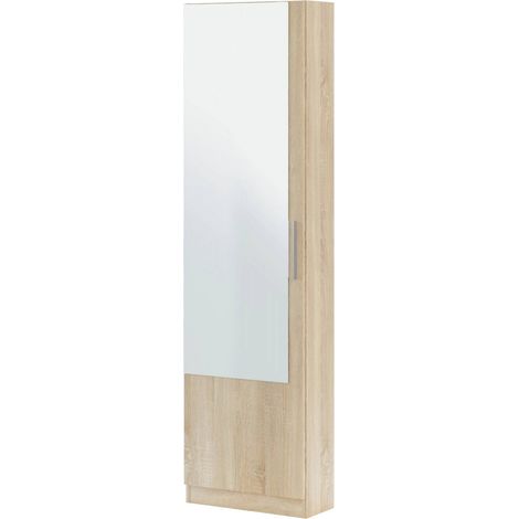 Schuhschrank Eugene, Hoher Schuhschrank mit 1 Tür, Moderner Schuhschrank, Eingangsgarderobe mit Spiegel, cm 50x22h180, Eiche (1/5)