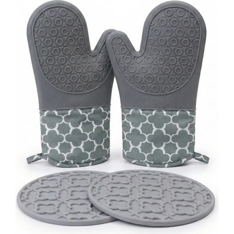1 Paire Gants de Cuisine en Silicone avec 2 Maniques Gants Anti Chaleur Gants de Cuisine pour Four Gants Antidérapants pour Cuisine Pâtisserie (Gris Trèfle à Quatre Feuilles) (1/5)