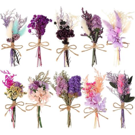 SBSG Lot de 10 mini bouquets de fleurs séchées, assortiment de fleurs séchées violettes comprenant de l'herbe de la pampa naturelle, du myosotis et du gypsophile. (1/4)