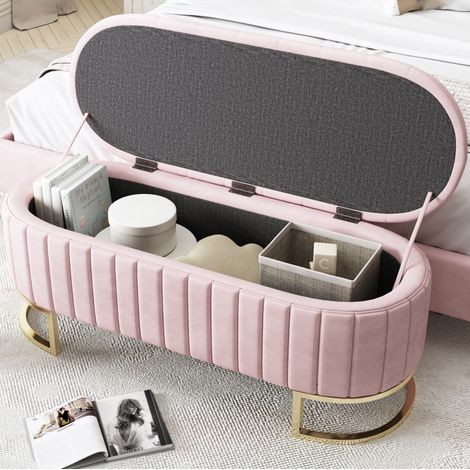 Banco arcón capitonado de terciopelo rosa 120 x 40 cm con patas metálicas, REDOM (1/5)