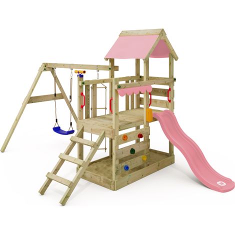 Wickey maisonnette tour de jeux TurboFlyer avec balançoire et toboggan, tour d'escalade avec bac à sable, échelle et accessoires de jeu – rose pastel