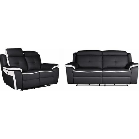 Divano 3+2 posti relax elettrico in pelle Nero e bianco - ANGELIQUE (1/4)