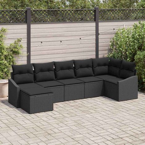 Garten-Sofa-Set mit Kissen 7 pcs Schwarz Poly-Rattan