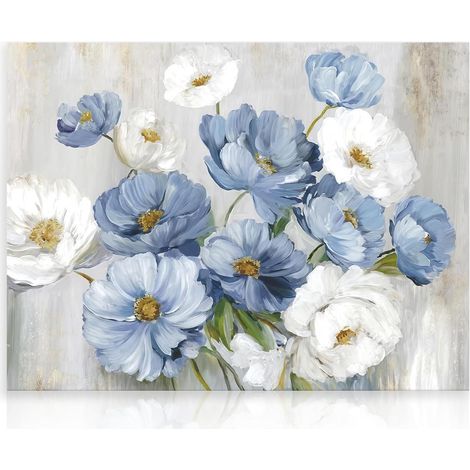 Imprimé Mural Fleurs Vintage, Décor Rustique Bleu et Blanc pour Salle de Bain Chambre Salon 30×40 cm Non Encadré