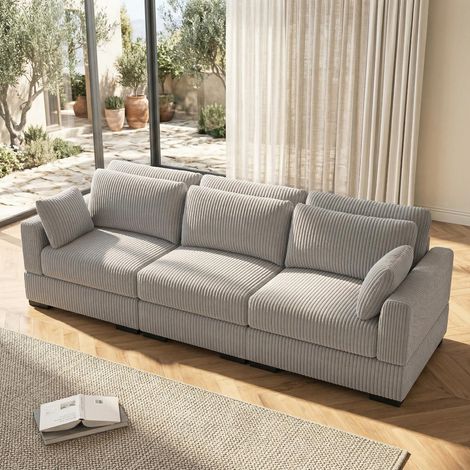 Divano lineare 330 x 157 x 85 cm, 3 posti, design moderno in velluto a coste, schienale trapuntato e molle insacchettate, grigio