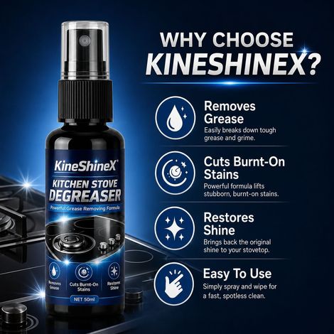 KineShineX Küchenherd-Entfetter entfernt kraftvoll hartnäckiges Fett und eingebrannte Flecken von Kochfeldern und Glas-/Keramikoberflächen. (1/4)