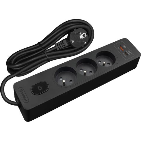Multiprise SELDUR G3FH32S, 3 prises type E + interrupteur, USB A+C charge rapide 20W, Noir, câble 3m (1/3)