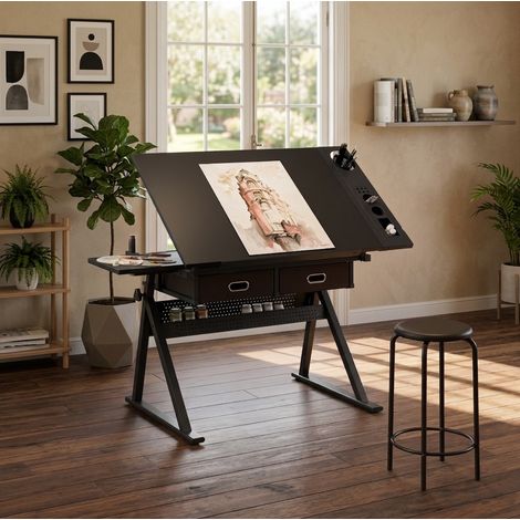 Tavolo da disegno regolabile in altezza con 2 cassetti e sgabello nero 98 x 60 cm OKWISH (1/4)