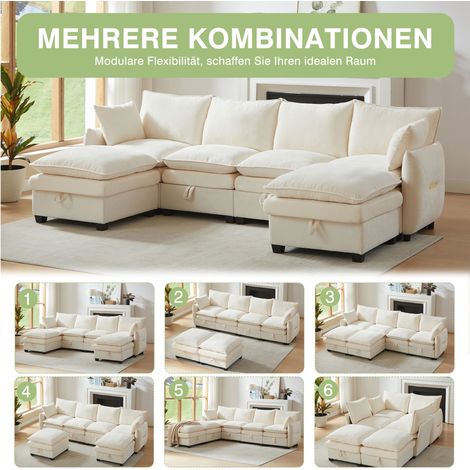 Canapé modulaire en U avec espace de rangement,4 sièges et 2 repose-pieds. Housse en chenille et cadre bois massif,design moderne pour salon. (1/5)