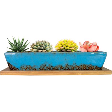 Pots de Plantes succulentes rectangulaires en céramique de 9,8 Pouces de Long avec Drainage, Petit Pot de Cactus à Fleurs avec Plateau Bonsai Plant Window Box pour intérieur/extérieur (1/5)
