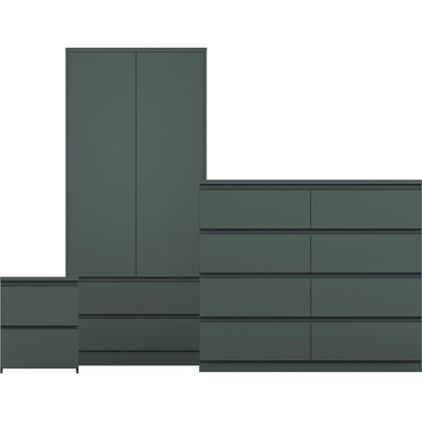 Denver 3 Piece Bedroom Set (2 Drw Bedside Chest, 8 Drw Chest, 2 Door 2 Drw Wardrobe), Green (1/4)