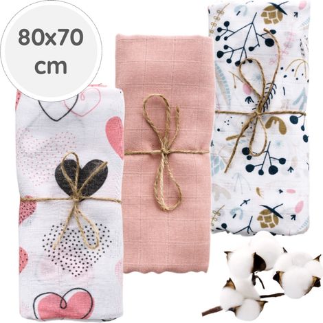 BabyU, Couches en mousseline hypoallergéniques, grandes et douces, lot de 3, 80 x 70 cm