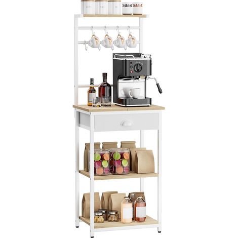 Étagère de Cuisine, Porte-Café en Bois à 5 Niveaux, Rangement pour Machine à Café, Organisateur avec 8 Crochets, Tiroirs en Tissu, pour Salon, Bureau, Naturel HBR009R (1/5)