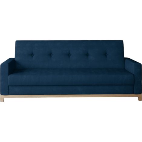Canapé lit 3 places tissu bleu foncé et pieds en bois de hêtre Saline 216cm (1/5)