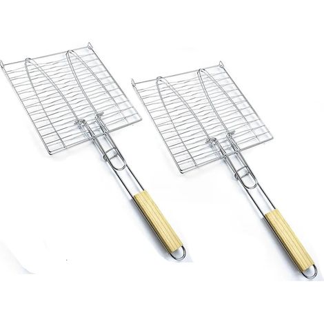 Ensemble de 2 grilles à poisson Panier à poisson 23,5 x 23,5 cm avec poignée en bois Panier pour 2 poissons Support à poisson avec pince Pince à poisson pliable pour légumes et crevettes Accessoi (1/5)