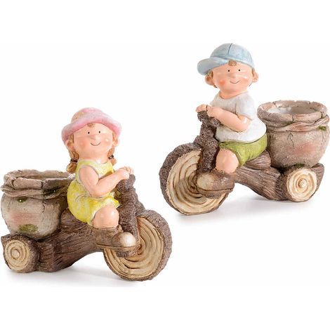 Bimbo e bimba in bicicletta decorativi in resina colorata con vasetto portafiori, set da 2 pezzi, cm 26,5 x 12,5 x 23,5 H