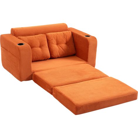 Canapé 2 places en velours côtelé orange avec porte-gobelets et poches latérales, design modulable (1/5)