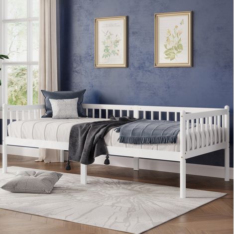 Lettino per bambini 90x200 cm con sponde di protezione su 3 lati e vano contenitore sottostante, 14 doghe, pino bianco (1/5)