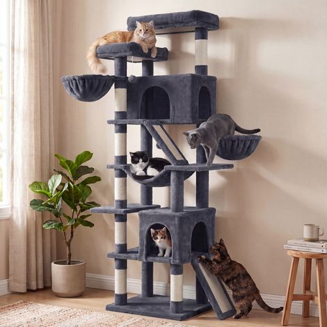 Arbre à Chat XXL avec 7 Zones de Repos, Griffoir en Sisal pour Multi-Chats, 55 x 45 x 205 cm, Gris foncé (1/5)