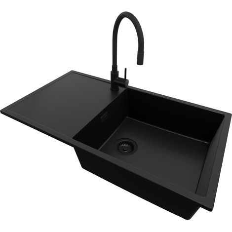 PRIMAGRAN Evier Cuisine en Granit 90x50cm, Lavabo 1 bac + Robinet 40x38cm + Kit de Vidage, Évier à Encastrer au meuble 60cm - Ibiza, Tout Noir